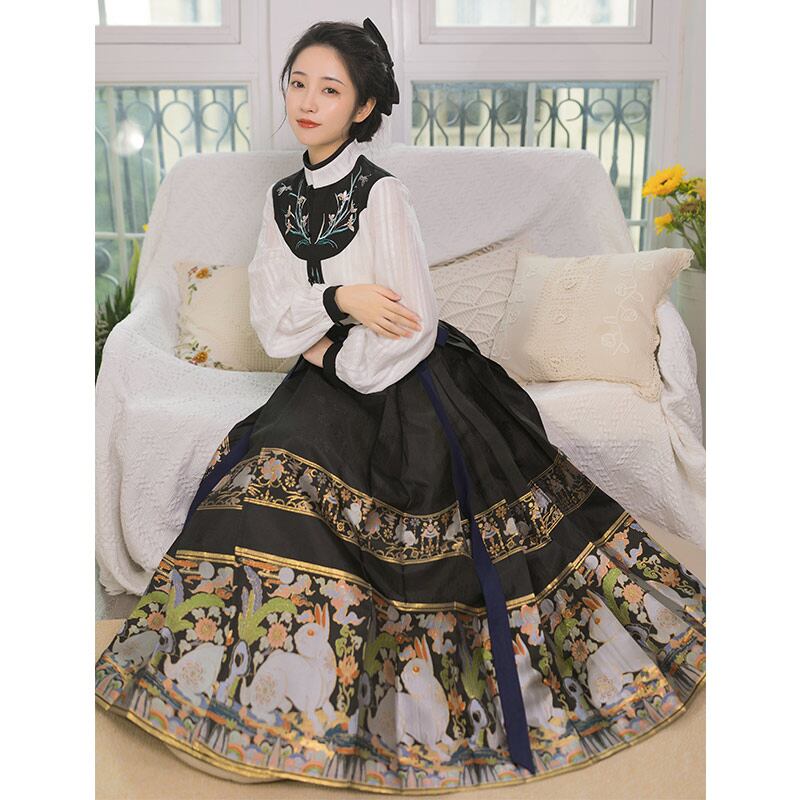 [Shimizu Kei Series] ★Long Skirt★ Limited Quantity Chinese Clothing Pleated Skirt Hanfu Wrap Skirt Rabbit Yoshigumo Black Green Blue