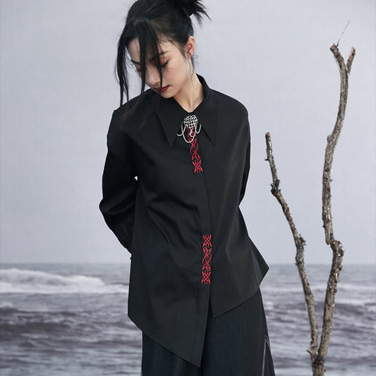 [Da Qinglong Shu Series] ★Chinese style shirt★ Embroidery Chinese clothing Original Black Black Unique Cotton Easy to match