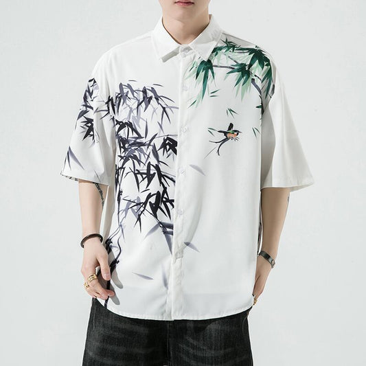 [MOWENZHAI Series] ★Chinese style shirt★ Tops, unisex, men's, bamboo print, large size, cool, Chinese clothing