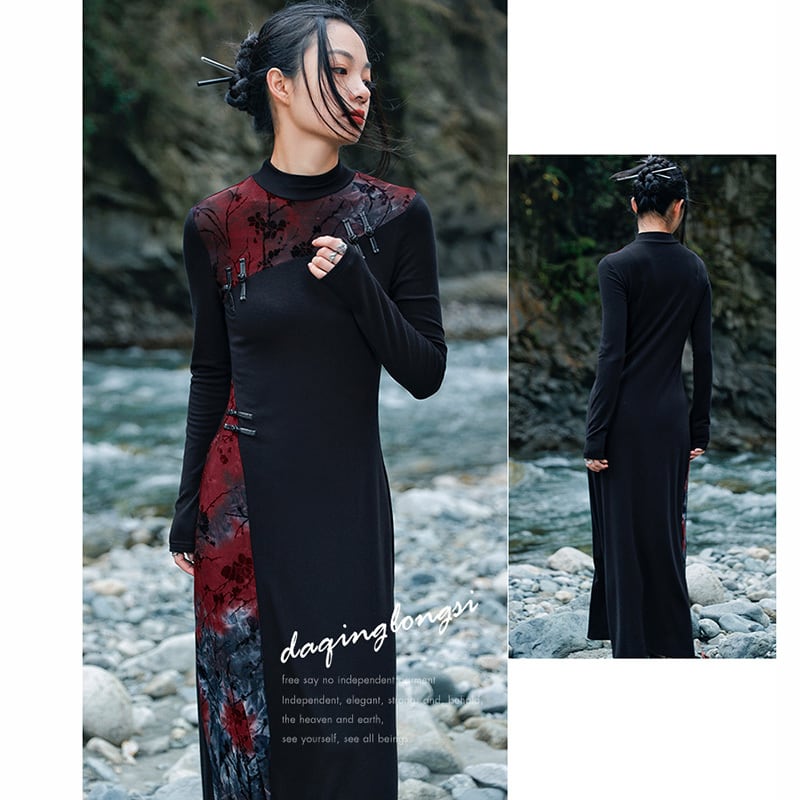 [Daiseiryusu series] ★China style dress★ Knit dress, changeover, Chinese button, slim fit, slim