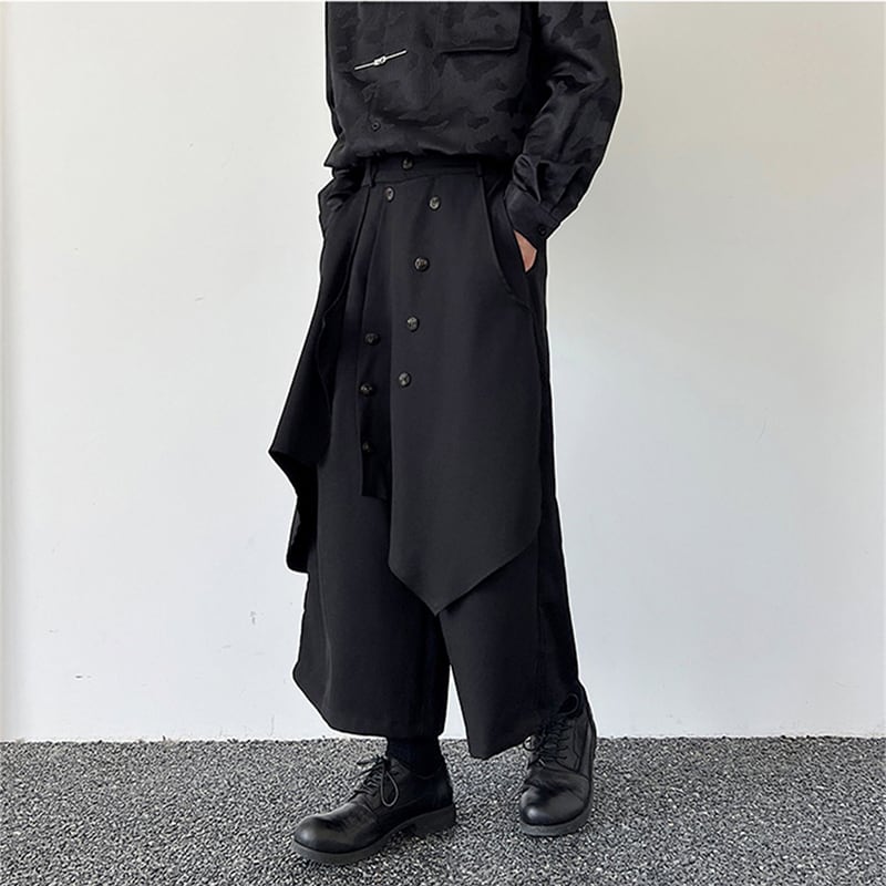 [Illustrated series] ★Pants★ Gaucho pants Unisex Men's Nine-quarter length Black Black Faux layered Culottes