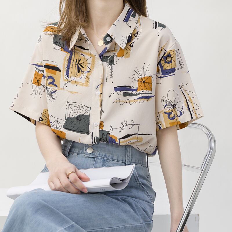 [YOUZI Series]★Retro Shirt★ Tops Printed Short Sleeves Floral Pattern Oil Painting Style Commuting Date Office Lady Office Improves Temperament