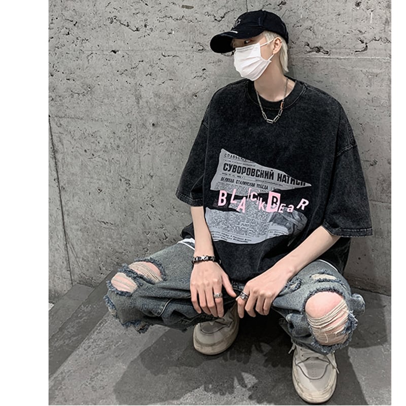 [FST Series] ★Short sleeve T-shirt★ Retro style tops T-shirt unisex men's large size black gray