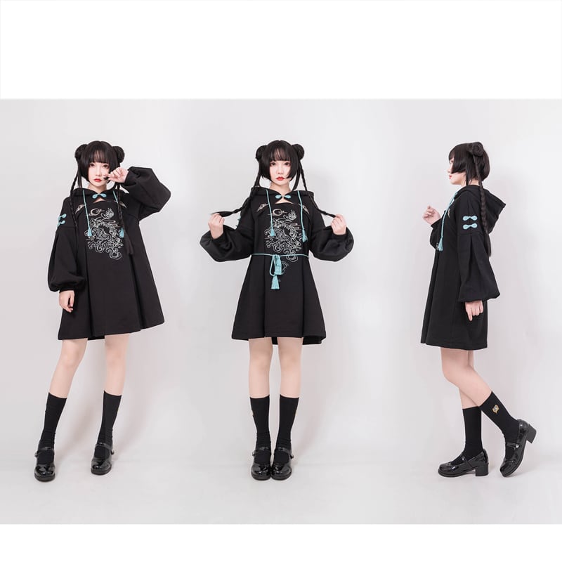 [Ochaya Series]★China style dress★ 2color black or white embroidery parka dress Chinese button cute