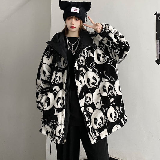 [MGJM Series] Double-sided outer coat, panda, loose, winter clothes, winter coat, black, black, fashion