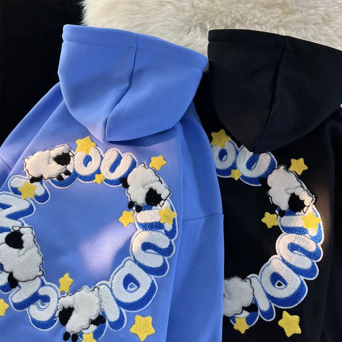 [Roba Series] ★Fleece-lined hoodie★ 2color tops unisex men's embroidered alphabet black blue SML XL