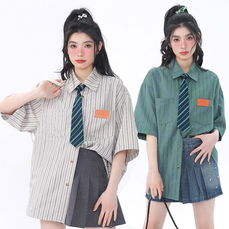 [Escaped Earth Series]★Shirt with tie★ 3color tops, short sleeve shirt, unisex, men's, vertical stripes, striped pattern, loose fit