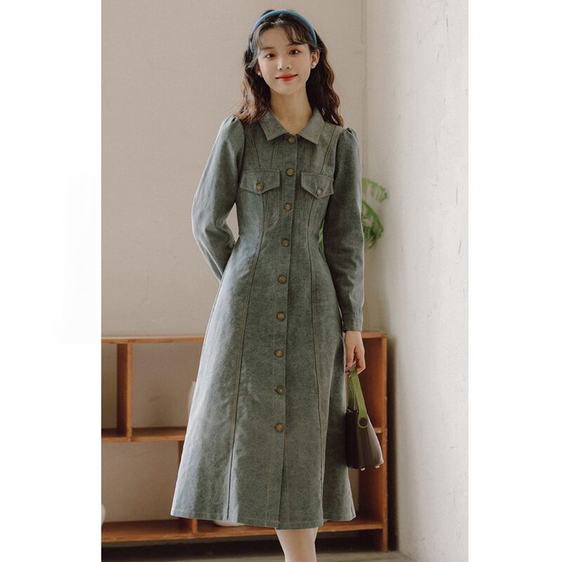 [YUJIAN Series] ★Dress★ Denim dress Retro Easy to match Date Improves temperament Commuting Blue Blue