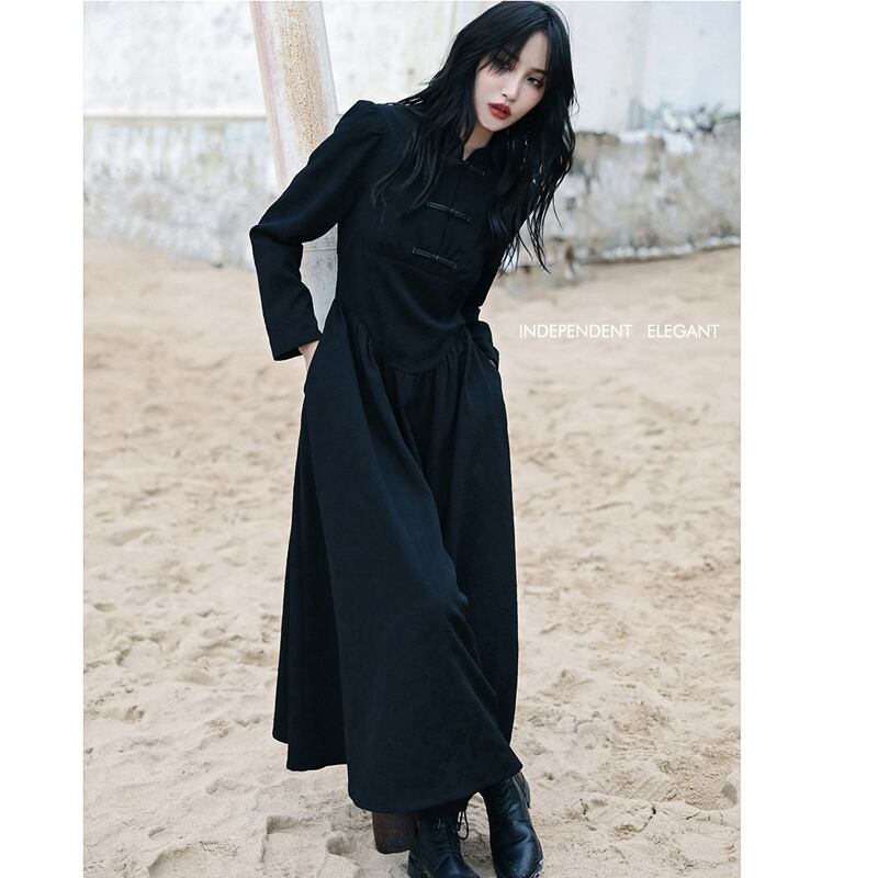 [Da Qinglong Shu Series] ★Chinese style dress★ Long length Chinese clothing Original Black Black Improves your temperament