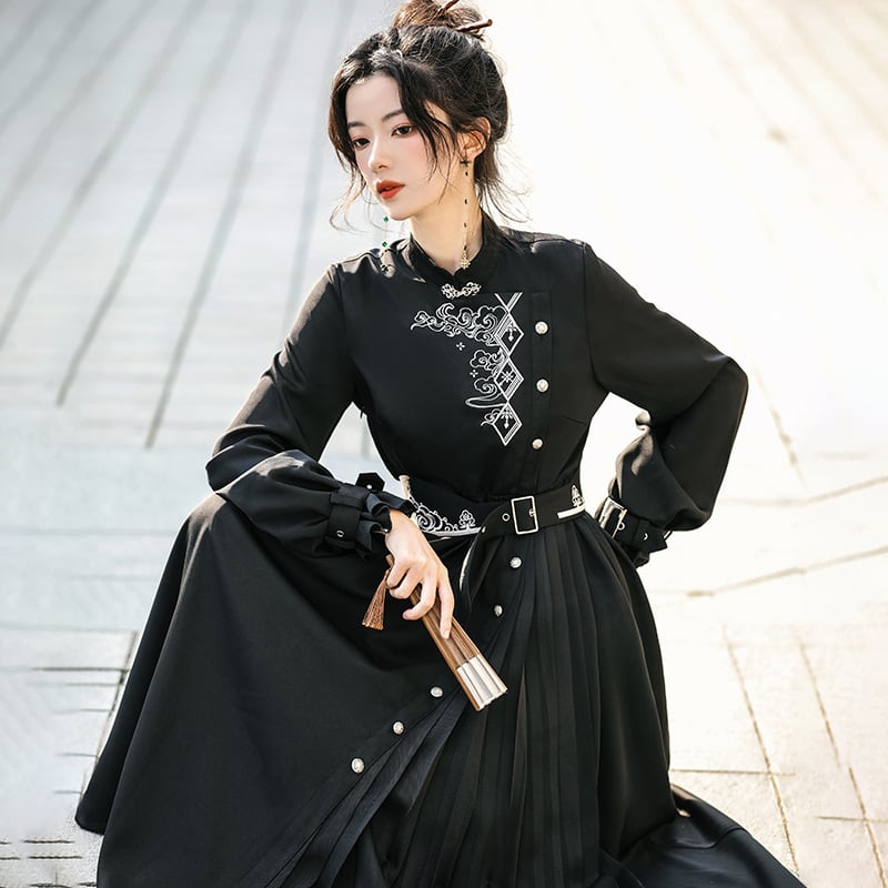 [Dust smoke and cloud dream series] ★China style dress★ With belt, long sleeves, embroidery, black, black SML, slimming, Chinese elements