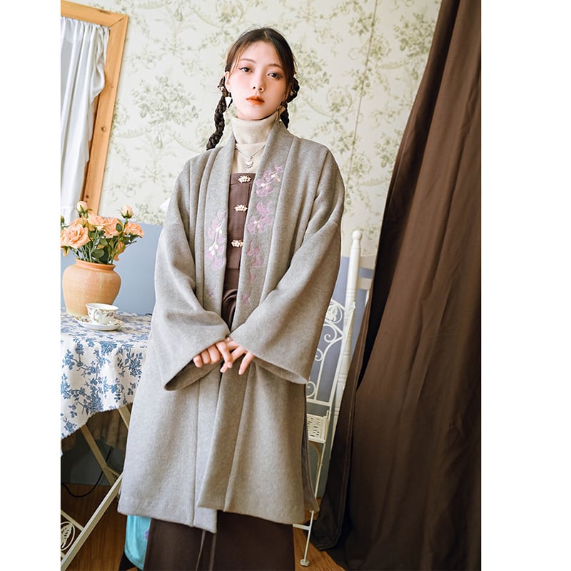 [Kokaisha --- Leaf Series] ★China style coat★ 2color embroidery outerwear long length Hanfu coat black gray