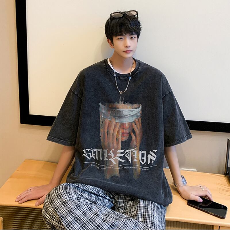 [Lettheheart Series] ★Retro Tops★ T-shirt Unisex Men's Large Size Black Gray Cool