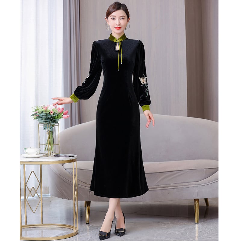 [Agoya Yui Series] ★Cheongsam dress★ Chinese style piece velvet black black long length