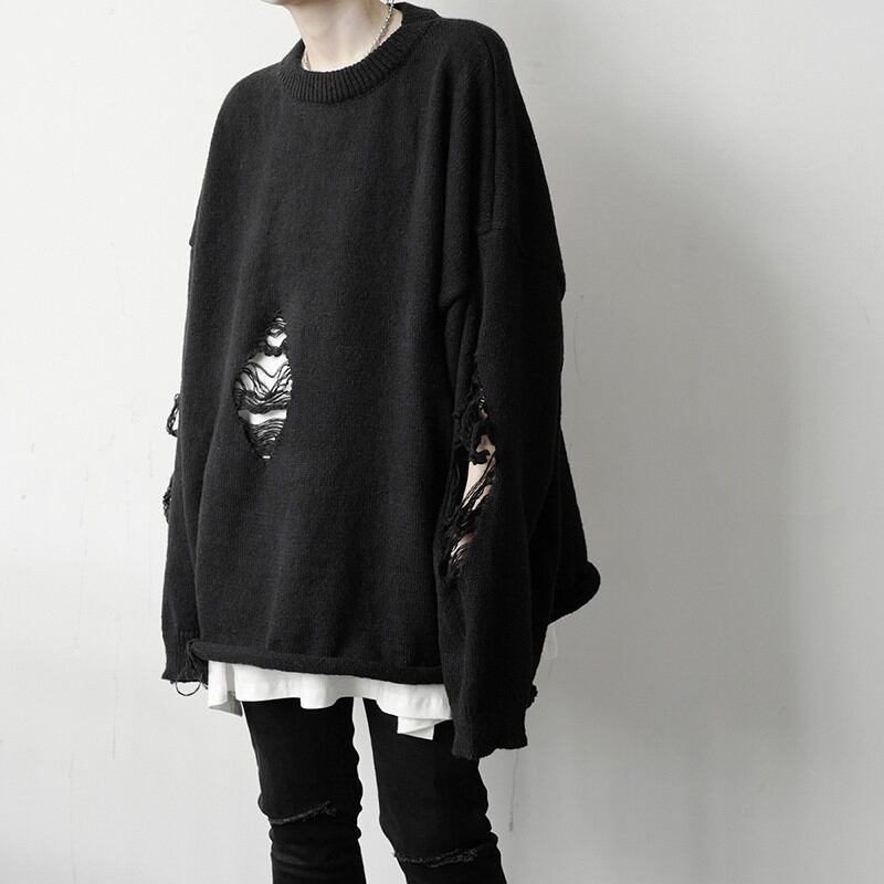 [YUANLAI Series]★Sweater★ 2color black or white knit tops, hole-cutting, unisex, loose, men's fashion