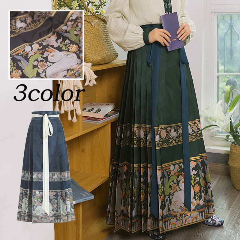 [Shimizu Kei Series] ★Long Skirt★ Limited Quantity Chinese Clothing Pleated Skirt Hanfu Wrap Skirt Rabbit Yoshigumo Black Green Blue