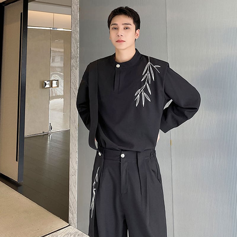 [Illustrated Series]★Setup★ Embroidery 2color 2-piece set Unisex Men's Tops Pants White Black