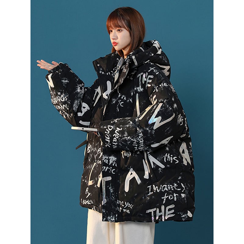 [Ushiomiomi Series] ★Winter Coat★ Cotton Coat Outerwear 2color Unisex Men's Graffiti Alphabet Black