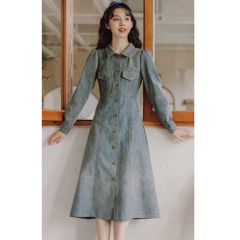 [YUJIAN Series] ★Dress★ Denim dress Retro Easy to match Date Improves temperament Commuting Blue Blue