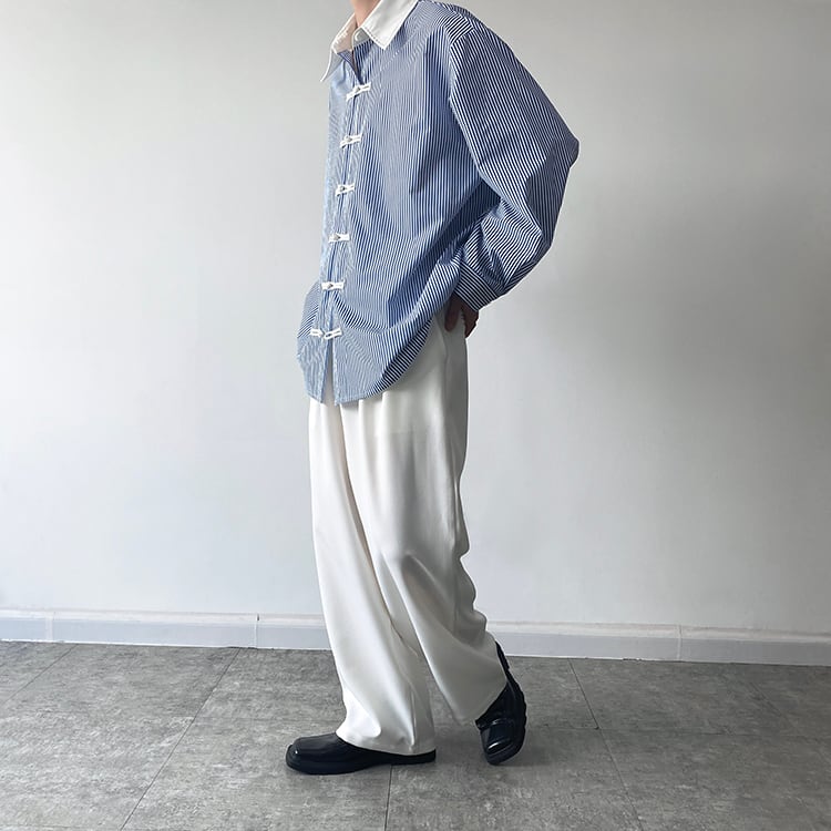 [Orange Family Series]★Chinese Style Shirt★ Chinese Clothes Tops Unisex Men's Vertical Stripes Color Scheme Blue Blue ML XL