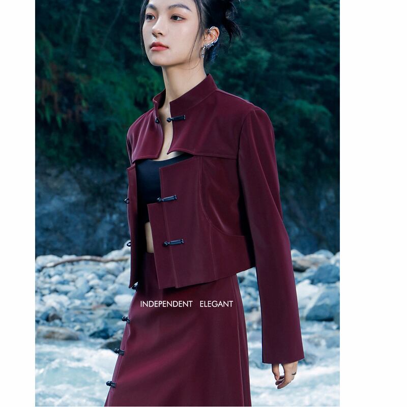 [Big Blue Dragon Series] ★China style outerwear★ PU jacket China button openwork wine red red