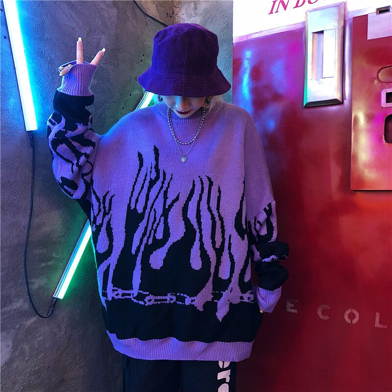 [OOTDstudio Series]★Sweater★ 2color Tops Flame Flame Pattern Knit Tops Unisex Men's Red Purple