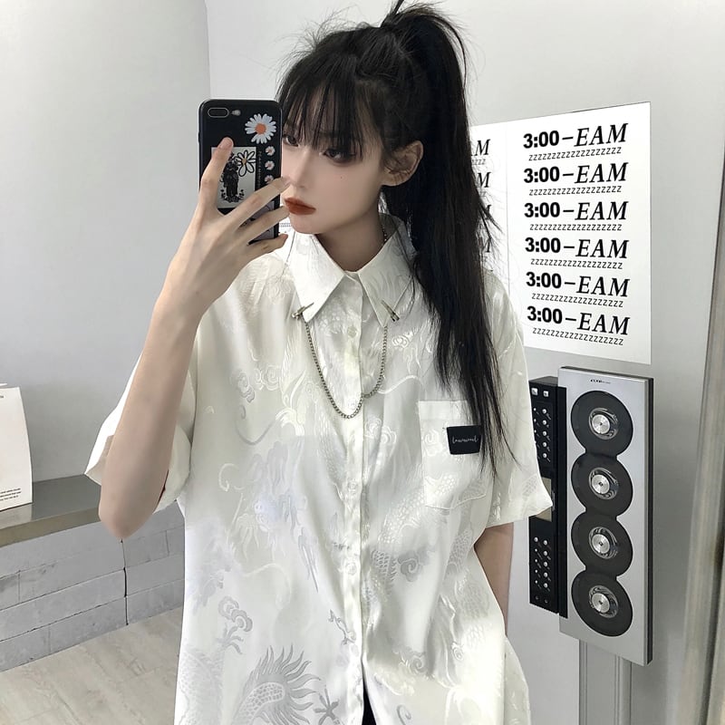 [Daimaou Series] ★Chinese-style shirt★ Tops 2 colors Black or white Dragon pattern Loose fit Casual Cheap Men's Couples clothes