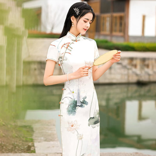 [RUYUN Series]★China Dress★ One Piece Long Length Lotus Lotus Short Sleeve Long Length Large Size