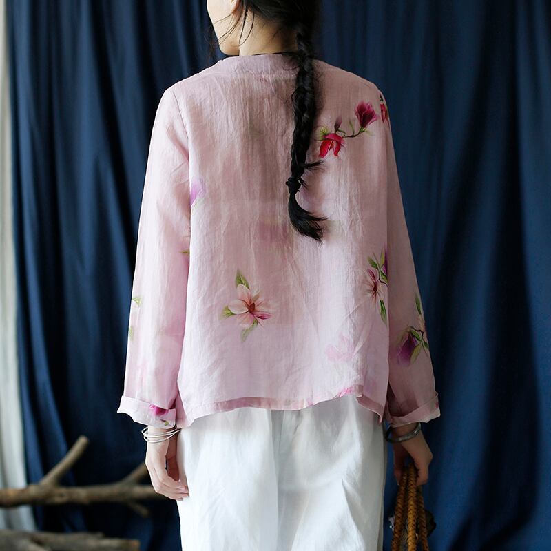 [Light ink series] ★China style tops★ Shirt Improved temperament Improved Tang suit Thin floral pattern Pink China button