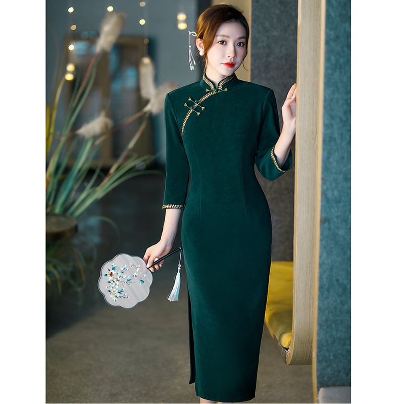 [Embroidery Series]★Cheongsam dress★ Dress, large size, long length, green, slimming, improving temperament