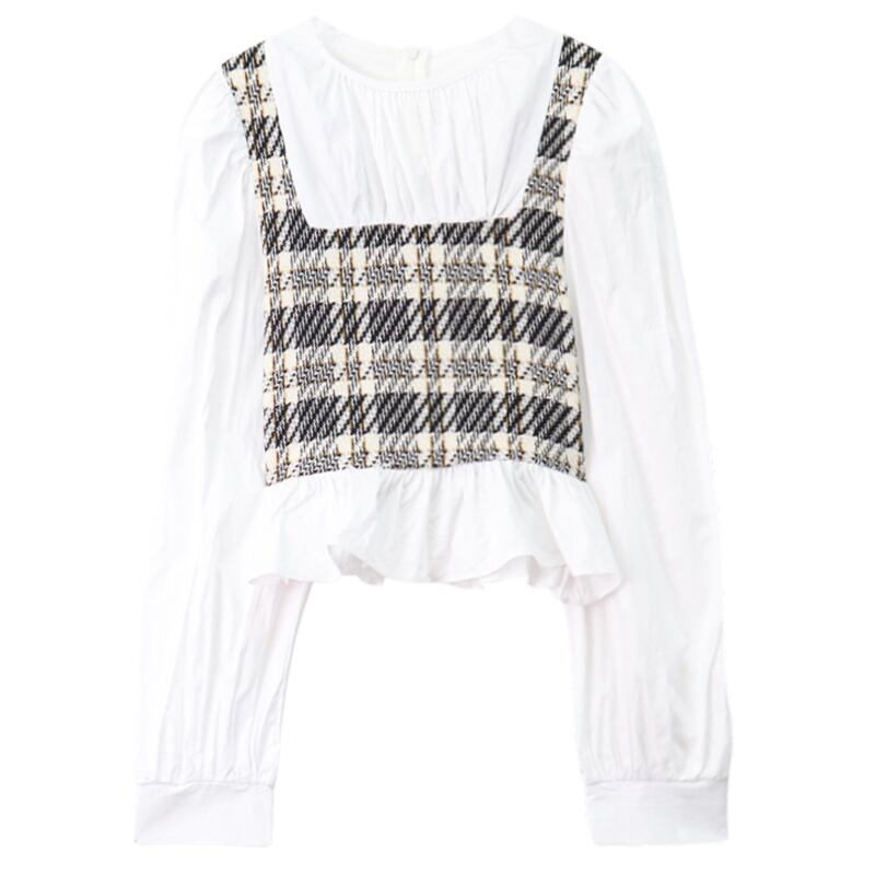 [KEKELI Series] ★Tops★ Faux layered plaid round neck white Easy to match