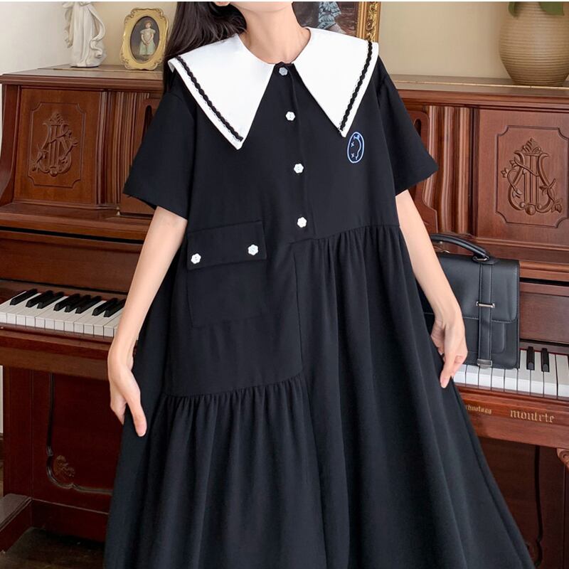 [Dong Xiaojie Series] ★One Piece★ Large Size Summer Short Sleeve Dress Ladies Fashion Black Black Black