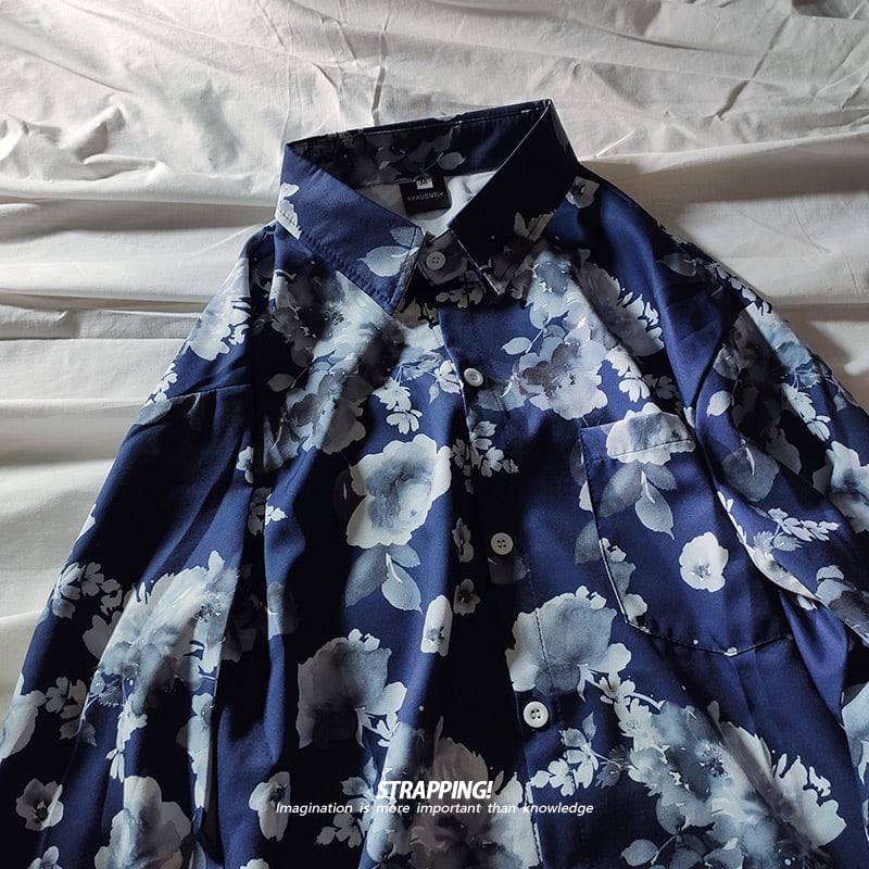 [STRAPPING Series]★Shirt★ 2color Tops Print Unisex Men's Spring Clothes Autumn Clothes Thin Floral Pattern Blue White