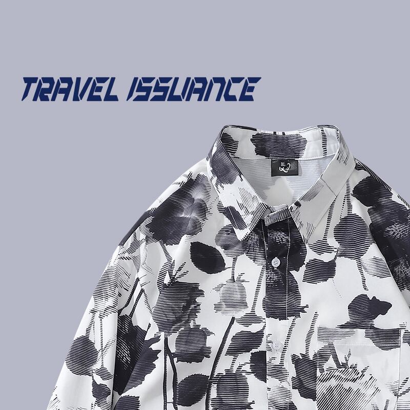 【TRAVEL ISSUANCEシリーズ】★水墨風シャツ★ 長袖シャツ トップス 花柄 黒 白 プリント M L XL 2XL 男女兼用 メンズ