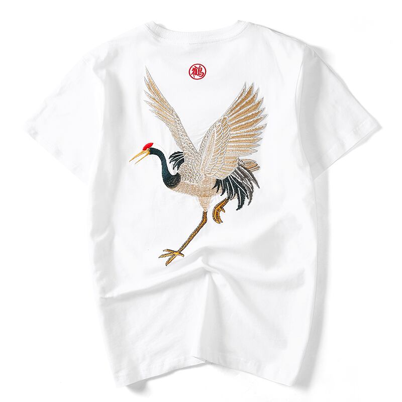 [JPYZ Series]★China style T-shirt★ 2color tops unisex men's crane embroidery black white cotton