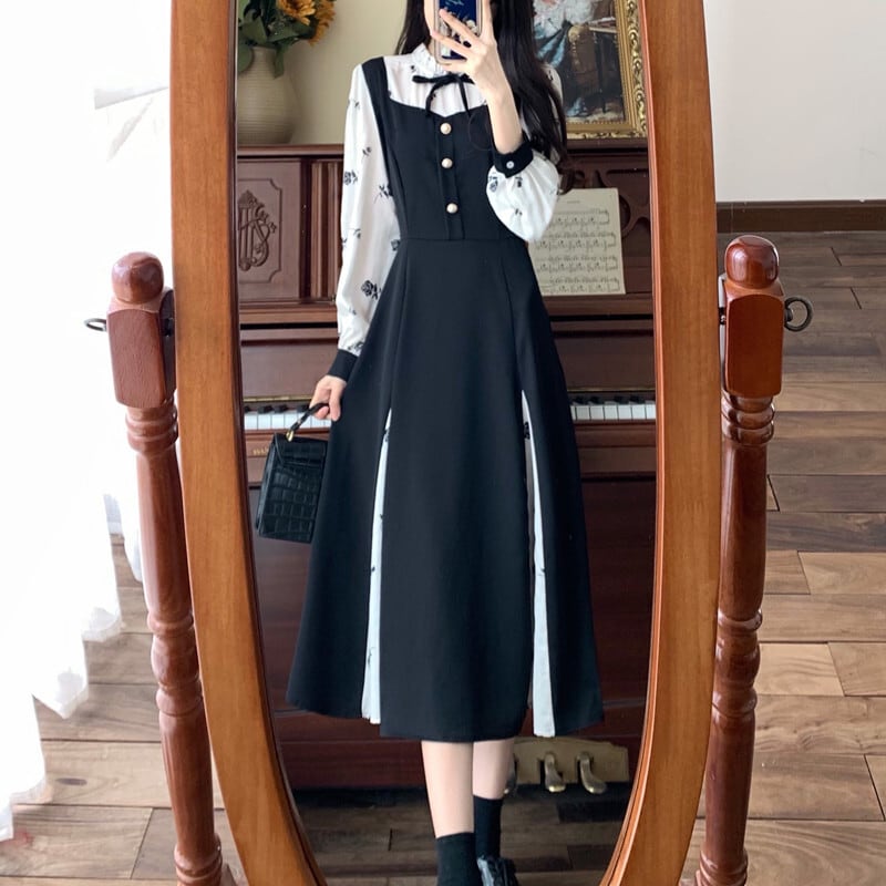 [Dong Xiaojie Series] ★Long Sleeve Dress★ Large Size Women's Dress Switching Commuting Floral Pattern Ribbon Cute