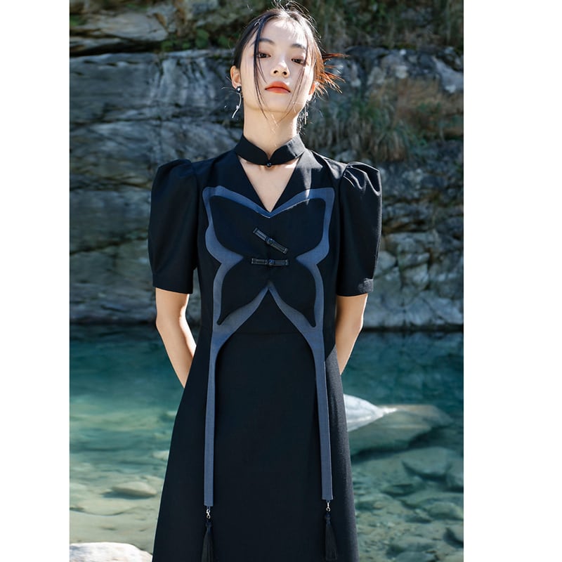 [Big Blue Dragon Series] ★China style dress★ Original butterfly unique design black black long length