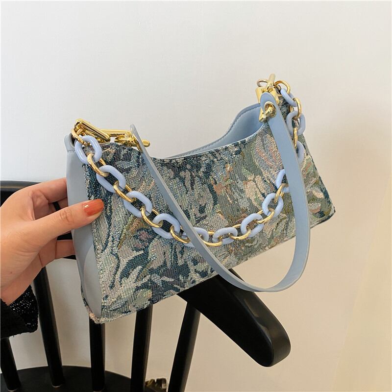 [ANDCICI Series] ★China style bag★ Oil painting style 2color floral pattern cute date commuting OL office blue green