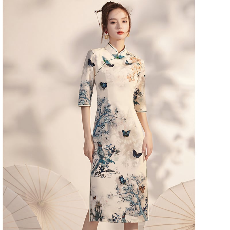 [Bacho Senko Series] ★Cheongsam dress★ Dress, long length, butterfly, elegant, large size, slim