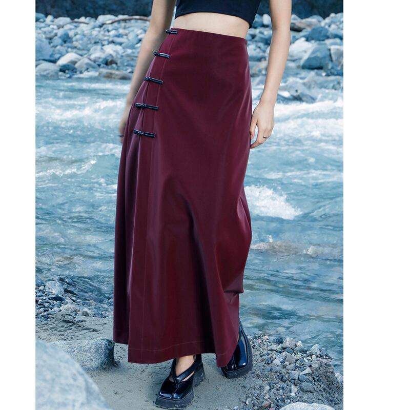 [Da Qinglong Shu Series]★China style skirt★ PU skirt China button red red Chinese clothes slimming slit