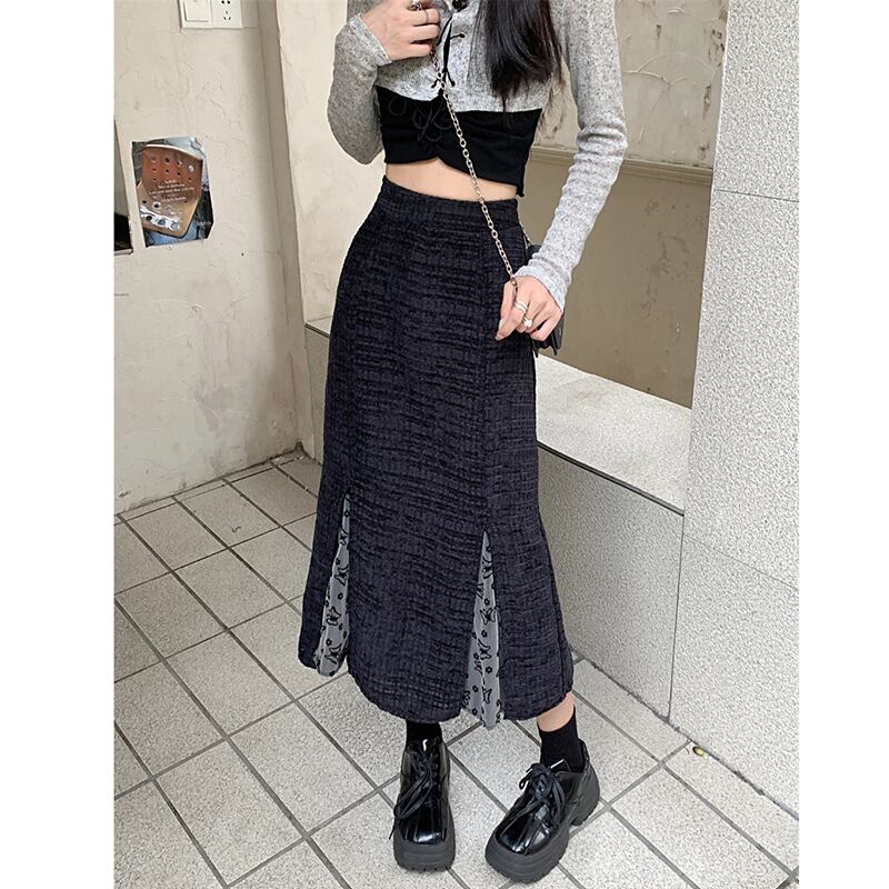 [Insufficient Moe Series]★Skirt★ Bottoms Switching Slimming Mermaid Skirt Black Black Large Size