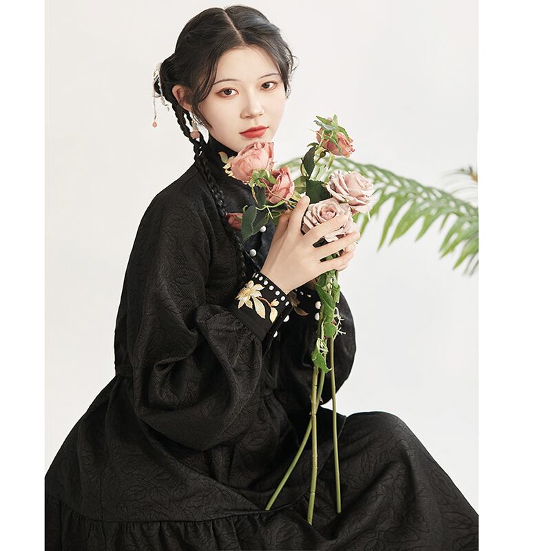 [Three---Kinsui Series]★China style dress★2color embroidery long sleeve dress everyday wear cute black white