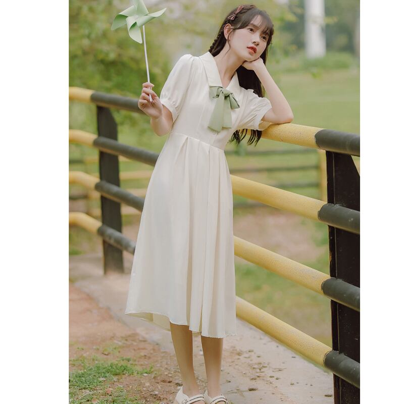 [Han Xuanwei Series] ★One Piece★ 2color Simple Cute Date Ribbon Beige Easy to Match Short Sleeve Dress