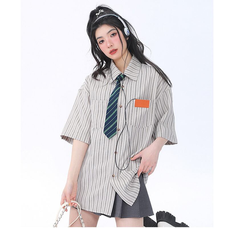 [Escaped Earth Series]★Shirt with tie★ 3color tops, short sleeve shirt, unisex, men's, vertical stripes, striped pattern, loose fit