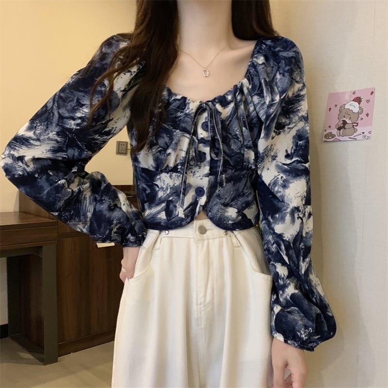 [SANMUZI Series] ★Tops★ 3 Colors Floral Tops Blouse Mini Length Cute Spring Clothes Unique Black Gray Blue