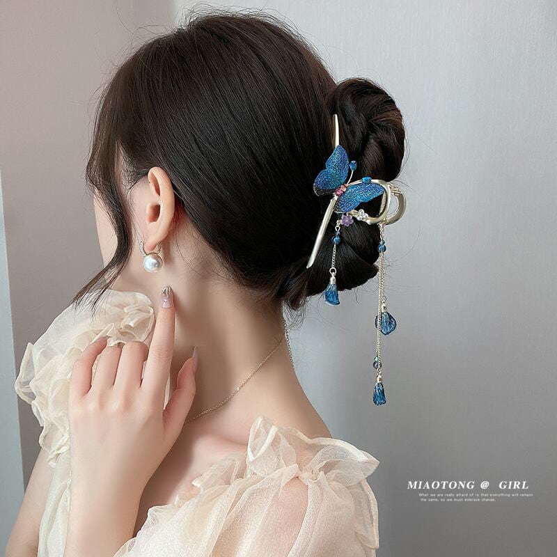 [Myo series] ★Chinese style hair ornament★ Old-fashioned Chinese clothing Improves temperament Fringe Butterfly Blue Blue Girls' night out Graduation party