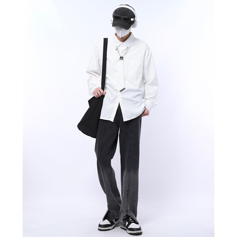 [KAER Series]★Shirt with tie★ Tops 2color Long sleeve shirt Short sleeve shirt Unisex Men's Large size Black White