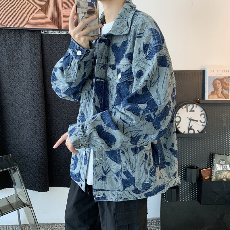 [MCL Series] ★Jacket★ Outer Denim Jacket Unisex Men's Print Blue Blue Stylish