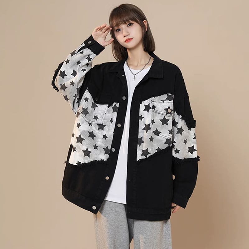 [Fujiman Series] ★Jacket★ 2color outer denim jacket casual star pattern unisex men's easy to match