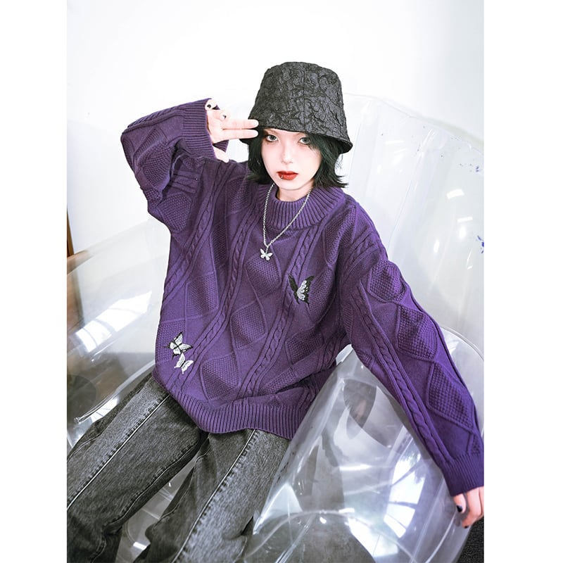 [Ancient monster---Swallow tail butterfly series] ★China style sweater★ Tops Embroidery Butterfly Purple Purple SML Casual