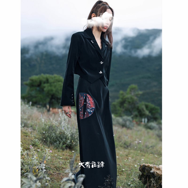 [Big Blue Dragon Series]★China style skirt★ PU skirt Chinese button ethnic style black black slimming wear